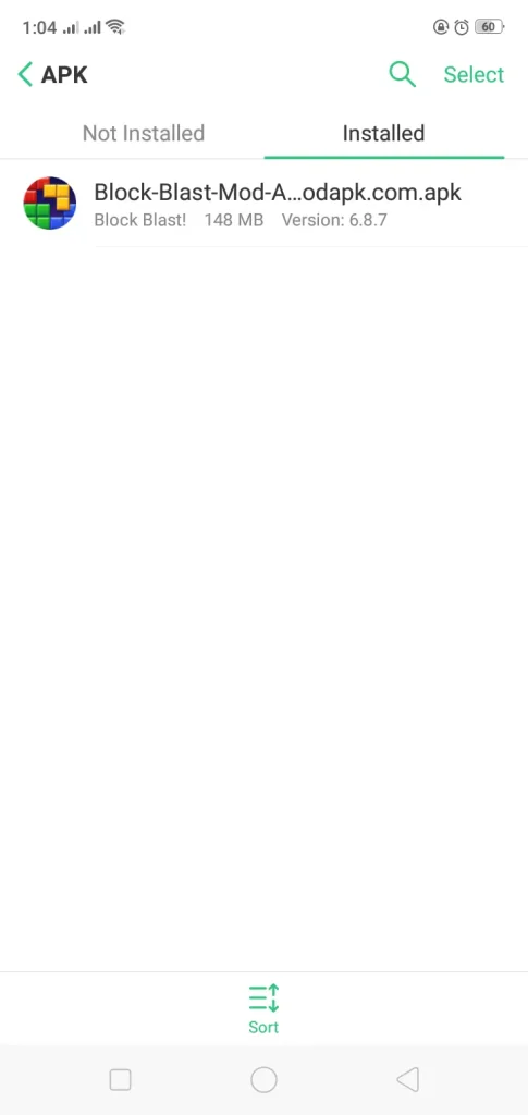 block blast mod apk file displayed as installed in the apk with file size and version